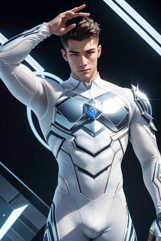 Half body focus photorealistic handsome hunky fractal masculine Starboy.. wearing a white quartz transparent crystal chrome glass super suit , look at camera, detailed face parts,, studio as background, Freestyle Pose, Happy Expression, perfect anatomy, symmetric body,, 18 years old, :: high detail, a lean athletic body, realistic, human skin, extremely detailed fingers, chad chin,, masculine, human skin, (eyes contact), gorgeous, Attractive. super bulges