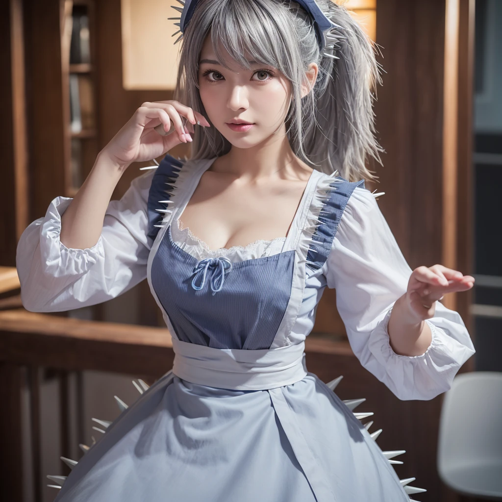 ((16 nights of divorce)), ((Oriental Project)), Cosplay, 20-year-old woman, (((Gray Hair)), ((Medium Spiky Hair)), ((Blue maid outfit)), ((White blouse)), Center of chest, (Light)))), (Pause))), (Photorealistic photography: 1.3), rim Lighting, (Skin with attention to detail:1.2), 8K UHD, Digital SLR, high quality, High resolution, 4K, 8K, Bokeh, Disorganized, The optimal ratio is four fingers to one thumb, (Genuine:1.3), The cutest girl 1, Lots of knives