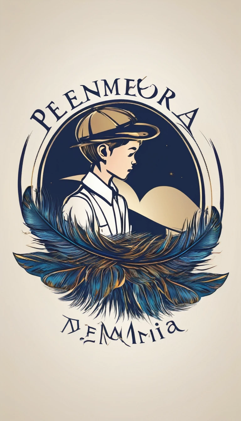 Design a logo that captures the magic of storytelling and the importance of memory, encapsulating the brand 'Penamemoria'. The logo should be simple, memorable, timeless, and versatile, working well in both print and digital formats. Should include the face of a boy and a bird feather
