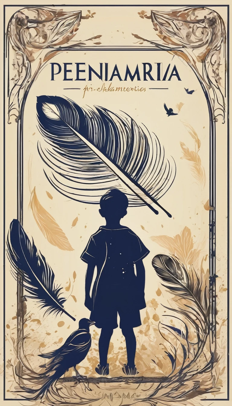 Design a logo that captures the magic of storytelling and the importance of memory, encapsulating the brand 'Penamemoria'. The logo should be simple, memorable, timeless, and versatile, working well in both print and digital formats. Should include the face of a boy and a bird feather