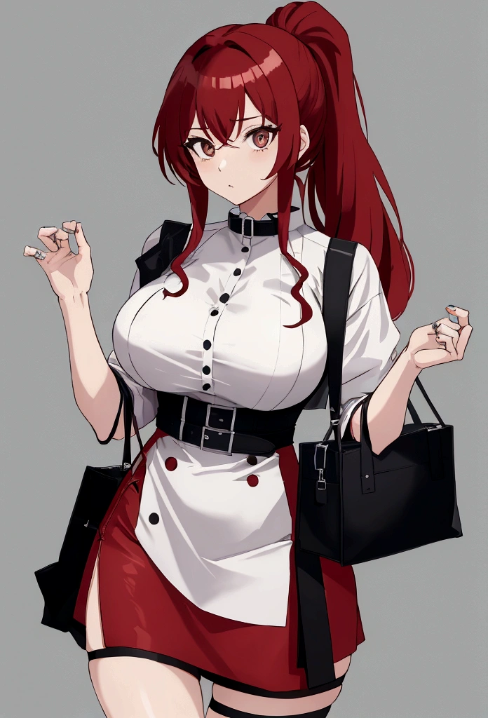 My name is Hikaru, I am a white test woman with long red hair and black eyes. I am 1.60cm tall and weigh 46kg. My breast sizes are 300 cm, my waist is 60 cm and my hips are 200 cm. Dressed in a tight, low-cut red dress with her hair tied in a ponytail and a black bag.. With big breasts 300 cm