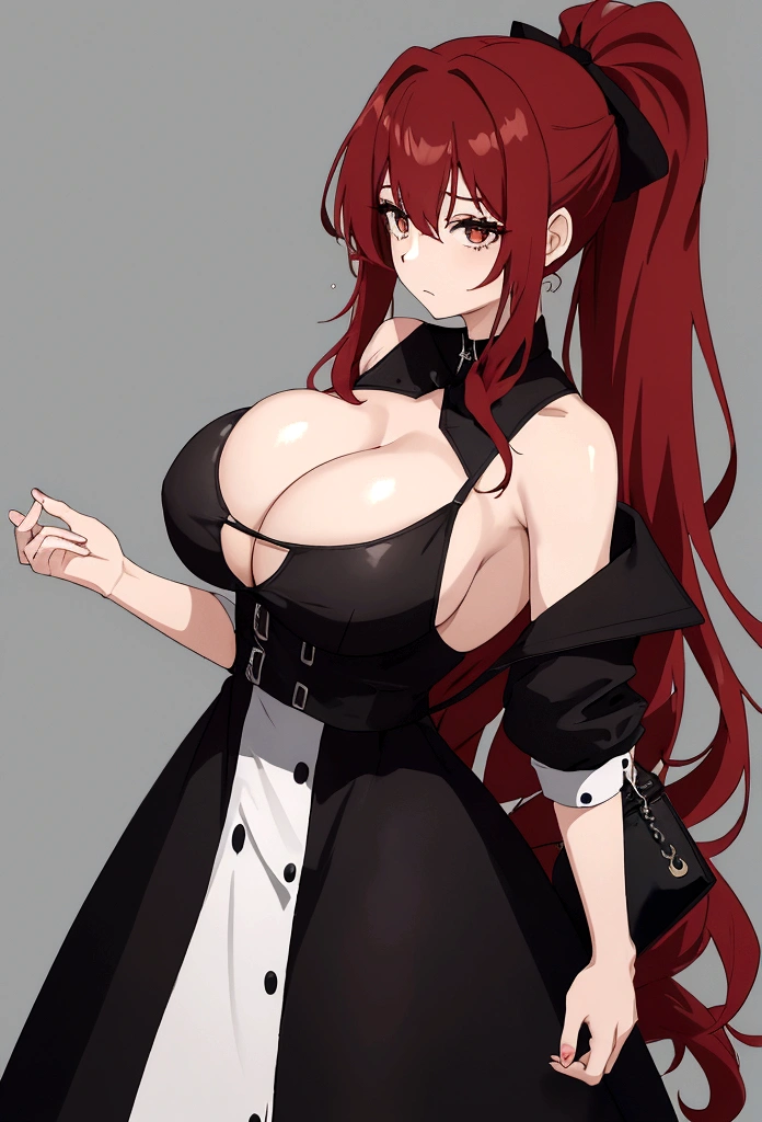 My name is Hikaru, I am a white test woman with long red hair and black eyes. I am 1.60cm tall and weigh 46kg. My breast sizes are 300 cm, my waist is 60 cm and my hips are 200 cm. Dressed in a tight, low-cut red dress with her hair tied in a ponytail and a black bag.. With big breasts 300 cm