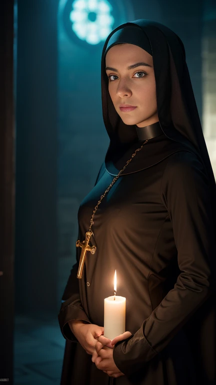lewd nun, Sister girl, Each hand holds a candle,The body is imprisoned by chains,,Detailed pretty face, steampunk, Gear, Black stockings,fantasy, Global illumination, back lit lighting, full bloom, ((Cold light)), Sharp focus, photograph realistic, Detailed skin, background out of focus, Cinematic composition , Ultra-detailed, Realistic , Hyper-realistic , volumetric lighting, 8K, trending on attestation