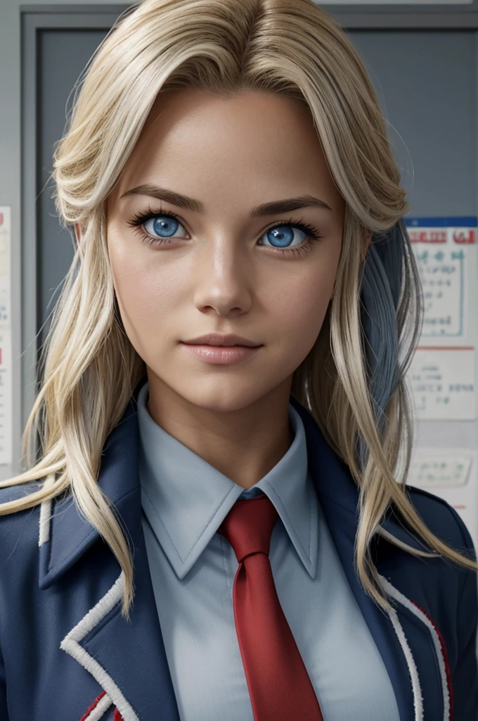 screenshot boku no hero academia, Pretty Woman, blonde hair with red strands wavy, Eyes slanted and dark blue in the right eye and light blue in the left eye , serene expression , Gray jacket uniform and red tie, standing in the classroom, looking at the camera from profile 