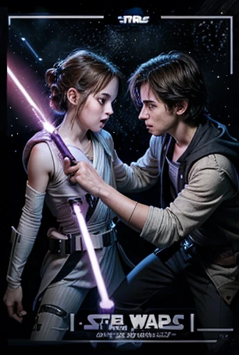 Star wars poster with a boy with two lightsabers, one purple and the other white lightsaber in a fight against a sid