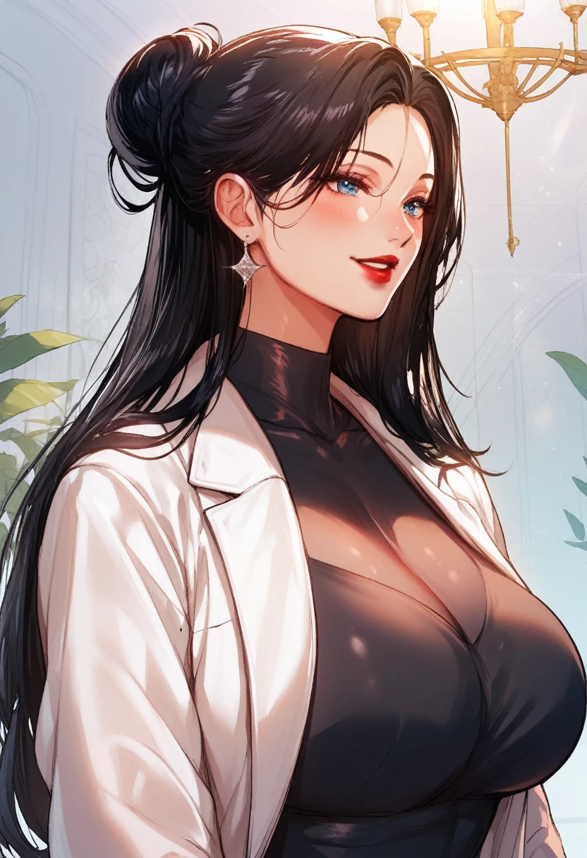 Hot sexy beautiful one women ,   long silver chandelier earrings,big breasts, ,black hair ,  hair bun,blush,blue eyes, smiling,red lipstick, white coat, black shirt, long sleeves