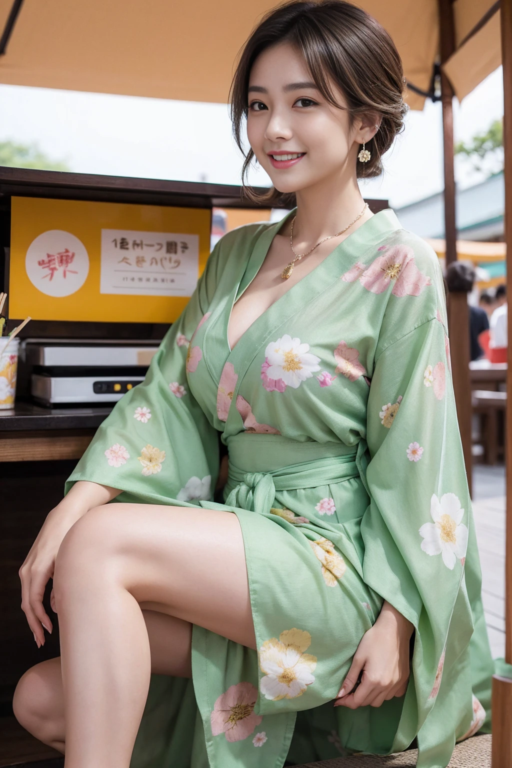 Highest quality,8K, Detailed facial depiction, Detailed description of the eyes,One Woman, Light brown hair(Short Hair),Beautiful Japanese Girl,24-years-old,Cute eyes,Cute Smile,Yukata beauty,Yukata with green floral pattern,Slender body, Large, plump breast size, Long and beautiful legs,Smiling, Colorful earrings,necklace,Are standing,Beautiful nape,Summer festival,There are food stalls
