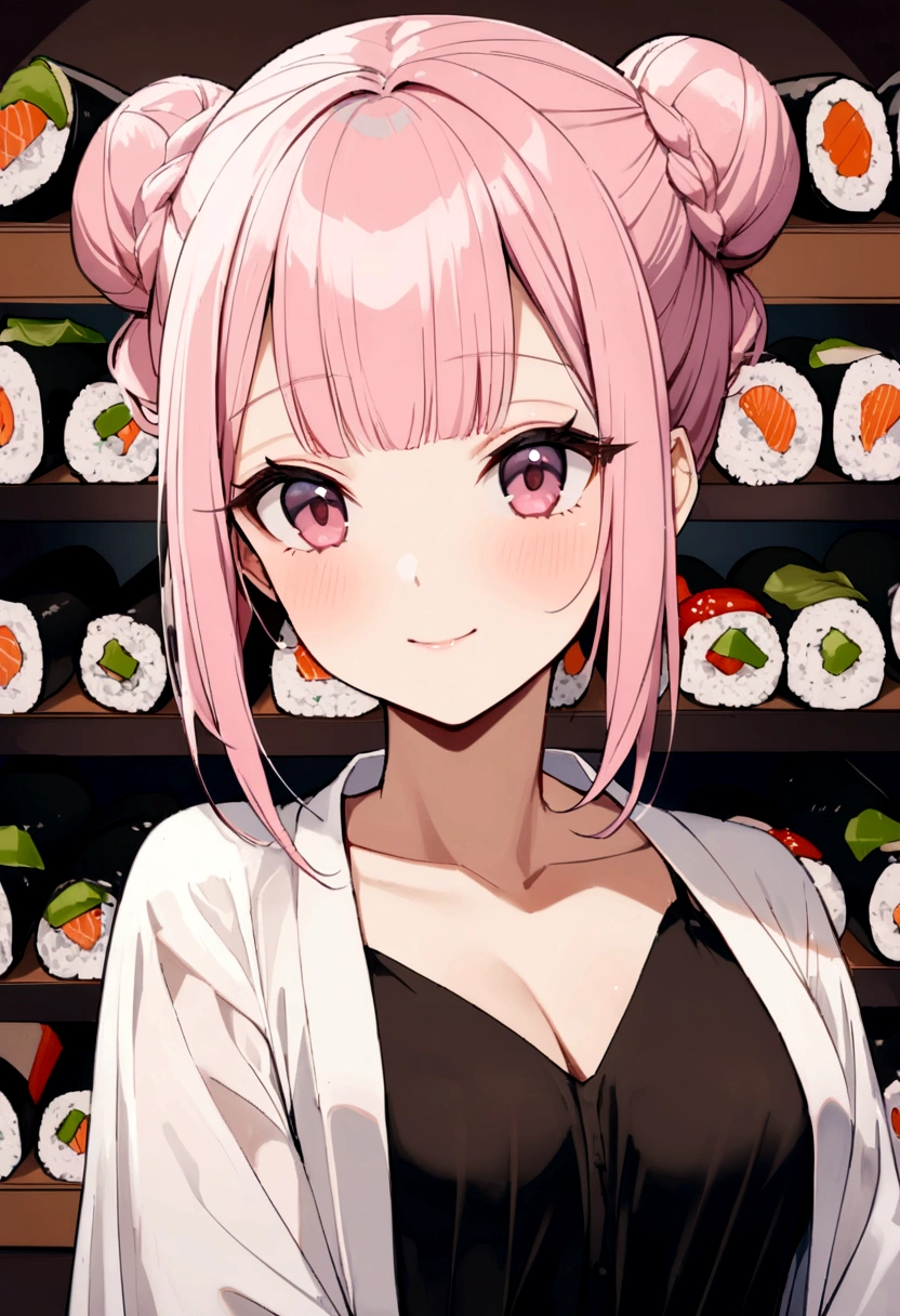 (((Luxurious and most luxurious nigiri sushi))),(((Sushi Shop)))、photograph, high quality、((masterpiece))、(((最high quality)))、((Super detailed))、 {Detailed and beautiful eyes}, finely,  Detailed and beautiful eyes,1 Girl, (alone:1.5),  (Hair Ribbon:0.4), Pink Eyes,Cinematic Angles,perspective,(((White bun hair))),(((Long pink hair))),smile、