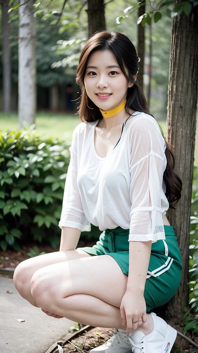 masterpiece, best quality, Surreal, Ultra Detailed, 8k resolution, RAW photos, Clear focus, (A girl in the forest),Asian woman in blue top and white shorts, Full body posture, Solitary, Perfect body, Become a, 32 inches in the chest,(a charming smile:1), (sexy pose),26 years old, light,White shoes,Nozomi Takemura, Oka Yasumoto, Chiho, Ogata Aoi, Motto Cave, Yoshitomo Nara, Kakinuchi Megumi, Harumi, Kojima De Ami, Beichuan Marin