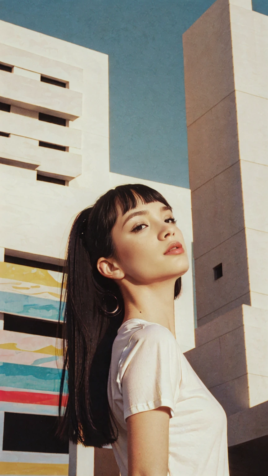 Best Quality,Masterpiece,Ultra High Resolution,(Realisticity:1.4),Original Photo, 1Girl, light leak,dark intens shadow,wear (blank white untucked t-shirt),black bob hairstyles background (80's mondrian architecture colourful motel),palm trees,sunny,summer, los Angles vibes,(from below:1.2), (realistic:1.1), (surreal:1.2), (very detailed:1.1)