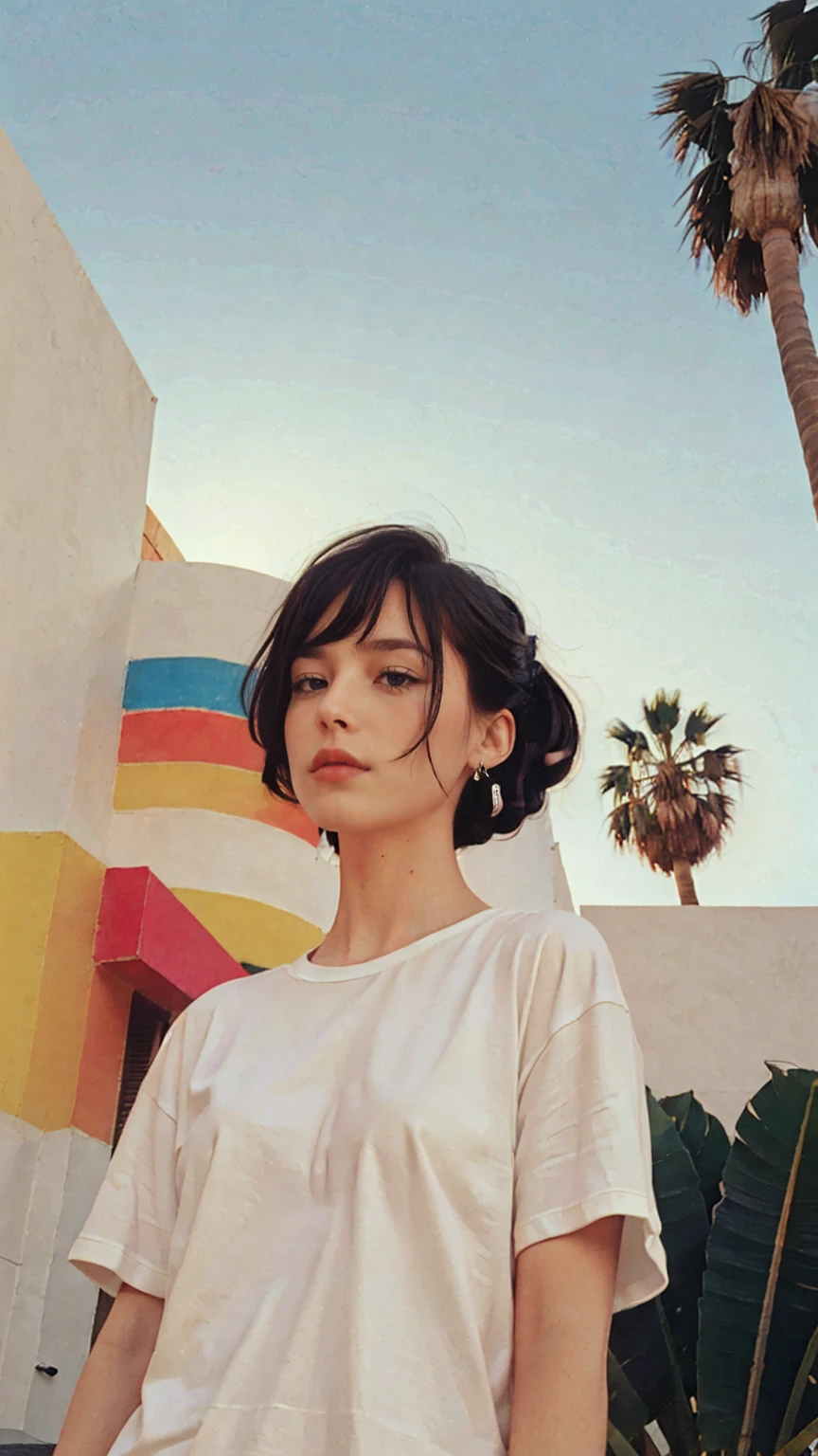 Best Quality,Masterpiece,Ultra High Resolution,(Realisticity:1.4),Original Photo, 1Girl, light leak,dark intens shadow,wear (blank white untucked t-shirt),black bob hairstyles background (80's mondrian architecture colourful motel),palm trees,sunny,summer, los Angles vibes,(from below:1.2), (realistic:1.1), (surreal:1.2), (very detailed:1.1)