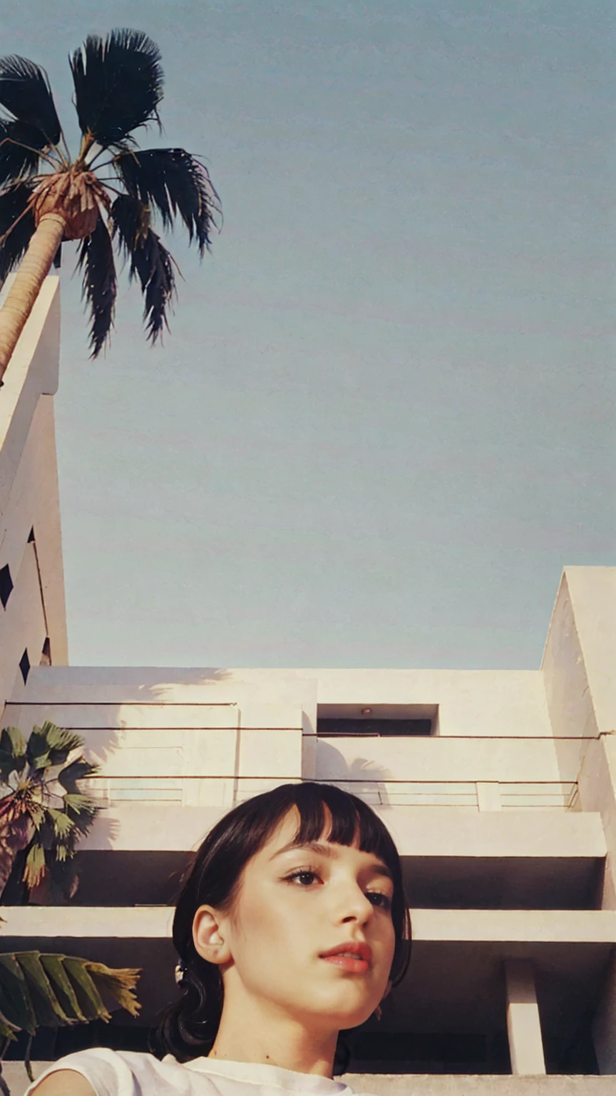 Best Quality,Masterpiece,Ultra High Resolution,(Realisticity:1.4),Original Photo, 1Girl, light leak,dark intens shadow,wear (blank white untucked t-shirt),black bob hairstyles background (80's mondrian architecture colourful motel),palm trees,sunny,summer, los Angles vibes,(from below:1.2), (realistic:1.1), (surreal:1.2), (very detailed:1.1)