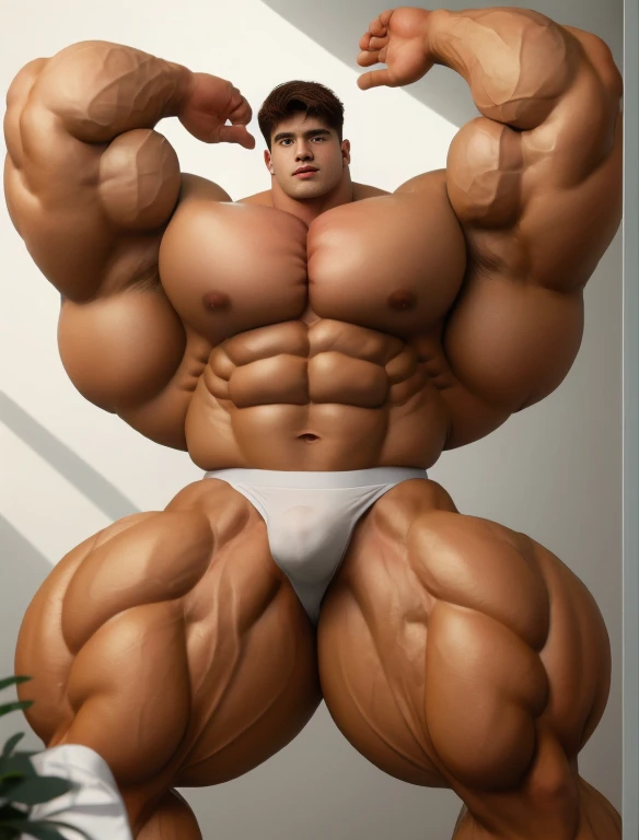 1dad, giant, bodybuilder pose, illuminating light, strong body, bulk, large size, armpit, in the white studio room, nude, white triangular underwear, prominent bulge, big, brutalmass, giant, muscular body, bulk, buff, massive body, large meaty body size