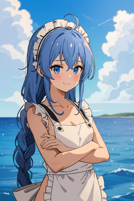 (masterpiece, best quality), music, 1 girl, solitary, Smile, blush, Double braid, Long hair, Blue Hair, garlic,  blue eyes, ((apron)), ((nude)), 裸apron，Small Breasts, Upper Body, eternal,  Looking at the audience, ocean滩, ocean,