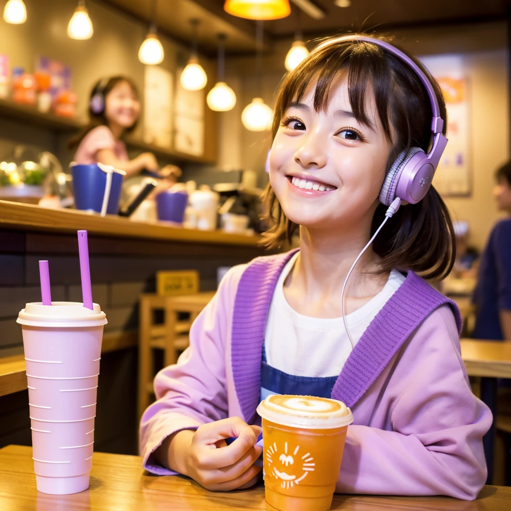  Looking straight ahead and smiling, Ultra HD、128ｋ、Masterpiece、Masterpiece, Cute little kindergarten girl studying in a coffee shop while listening to music on headphones、orange juice, clavicle, RAW Photo、A girl with big eyes wearing light purple clothes、Hands on headphones, Warm lighting、Beautiful night view、Japanese anime style, Smile