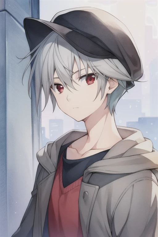 masterpiece, best quality, , 1boy, solo, male focus, looking at viewer, upper body, , (watercolor illustration, soft pastel colors:1.1), , yoshio_kobayashi, grey hair, red eyes, , newsboy cap, , HD