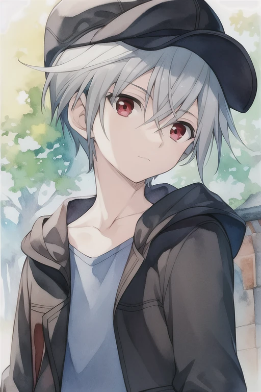 masterpiece, best quality, , 1boy, solo, male focus, looking at viewer, upper body, , (watercolor illustration, soft pastel colors:1.1), , yoshio_kobayashi, grey hair, red eyes, , newsboy cap, , HD