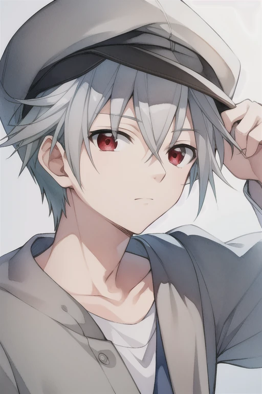 masterpiece, best quality, , 1boy, solo, male focus, looking at viewer, upper body, , (watercolor illustration, soft pastel colors:1.1), , yoshio_kobayashi, grey hair, red eyes, , newsboy cap, , HD