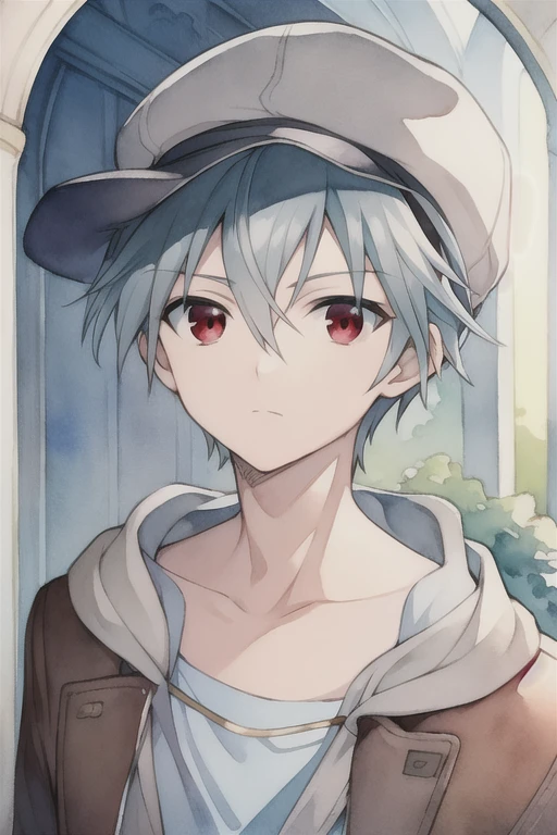 masterpiece, best quality, , 1boy, solo, male focus, looking at viewer, upper body, , (watercolor illustration, soft pastel colors:1.1), , yoshio_kobayashi, grey hair, red eyes, , newsboy cap, , HD