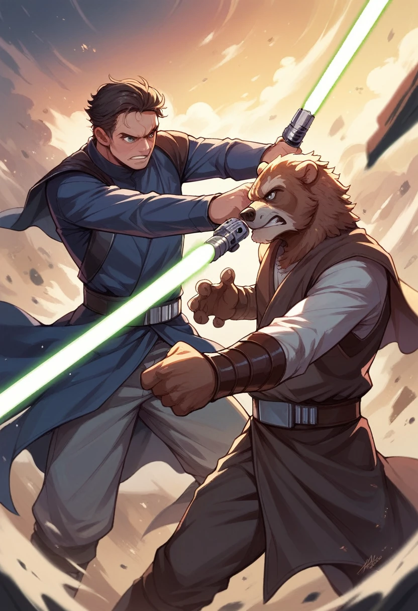 Star wars poster with a boy with two lightsabers, one purple and the other white lightsaber in a fight against a sid