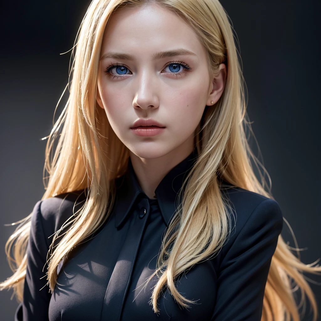 Best quality, masterpiece, ultra high res, (photorealistic:1.4), raw photo, 1girl, blonde hair, blue eyes, detailed eyes and face, black suit, dynamic lighting, in the dark, deep shadow, low key, cowboy shot full-lenght body