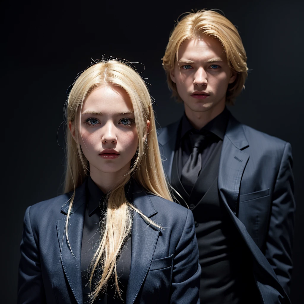 1 blonde woman, with blue eyes and long hair in the middle of 2 men with brown hair and suit