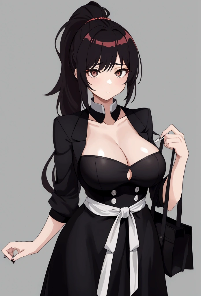 My name is Hikaru, I am a white test woman with long red hair and black eyes. I am 1.60cm tall and weigh 46kg. My breast sizes are 300 cm, my waist is 60 cm and my hips are 200 cm. Dressed in a tight, low-cut black dress with her hair tied in a ponytail and a black bag.. With big breasts 300 cm