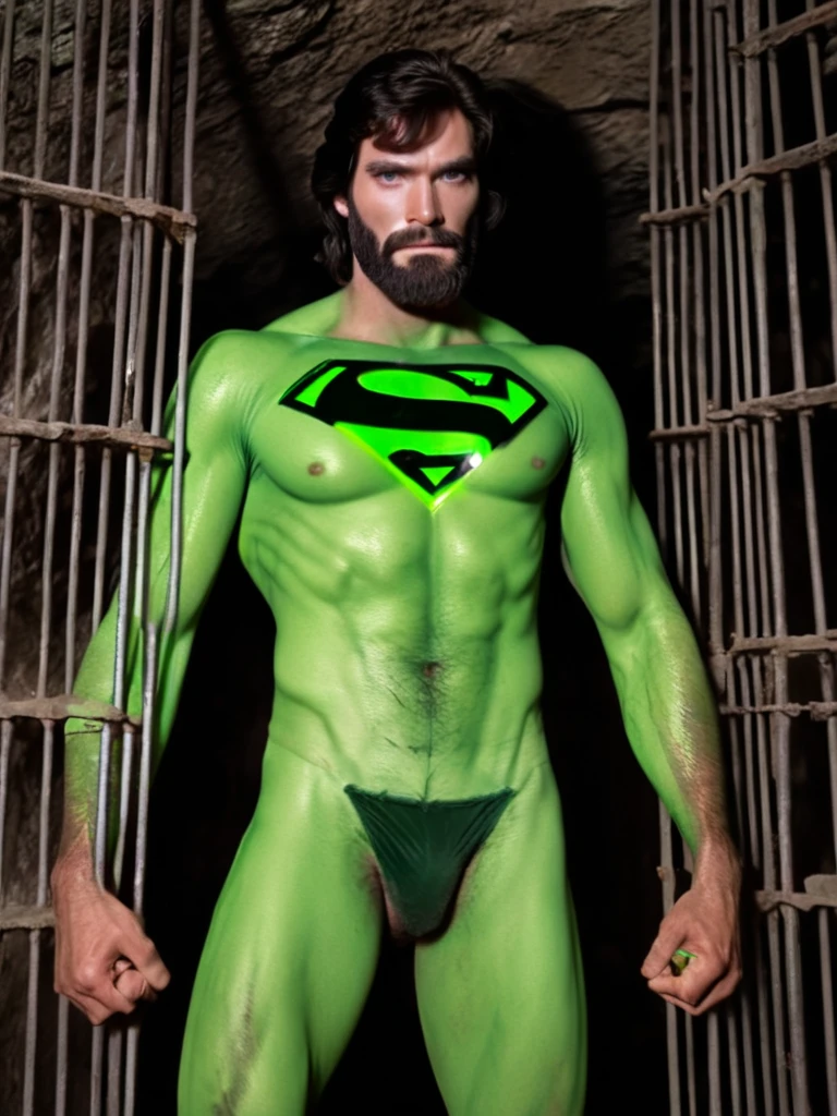 Distant view: 1970s, Superman, malnourished and extremely skinny, in a cave prison filled with glowing green ore, imprisoned for a long time and dirty, skinny from starvation with visible ribs, dirty and bulging white briefs, thin waist, thin limbs as thin as bones, dirty naked body with dirty underwear, long hair on a hairy body, long beard, Superman mark on chest, thick body hair, reaching out his hand through closed iron bars asking for help. High quality photo