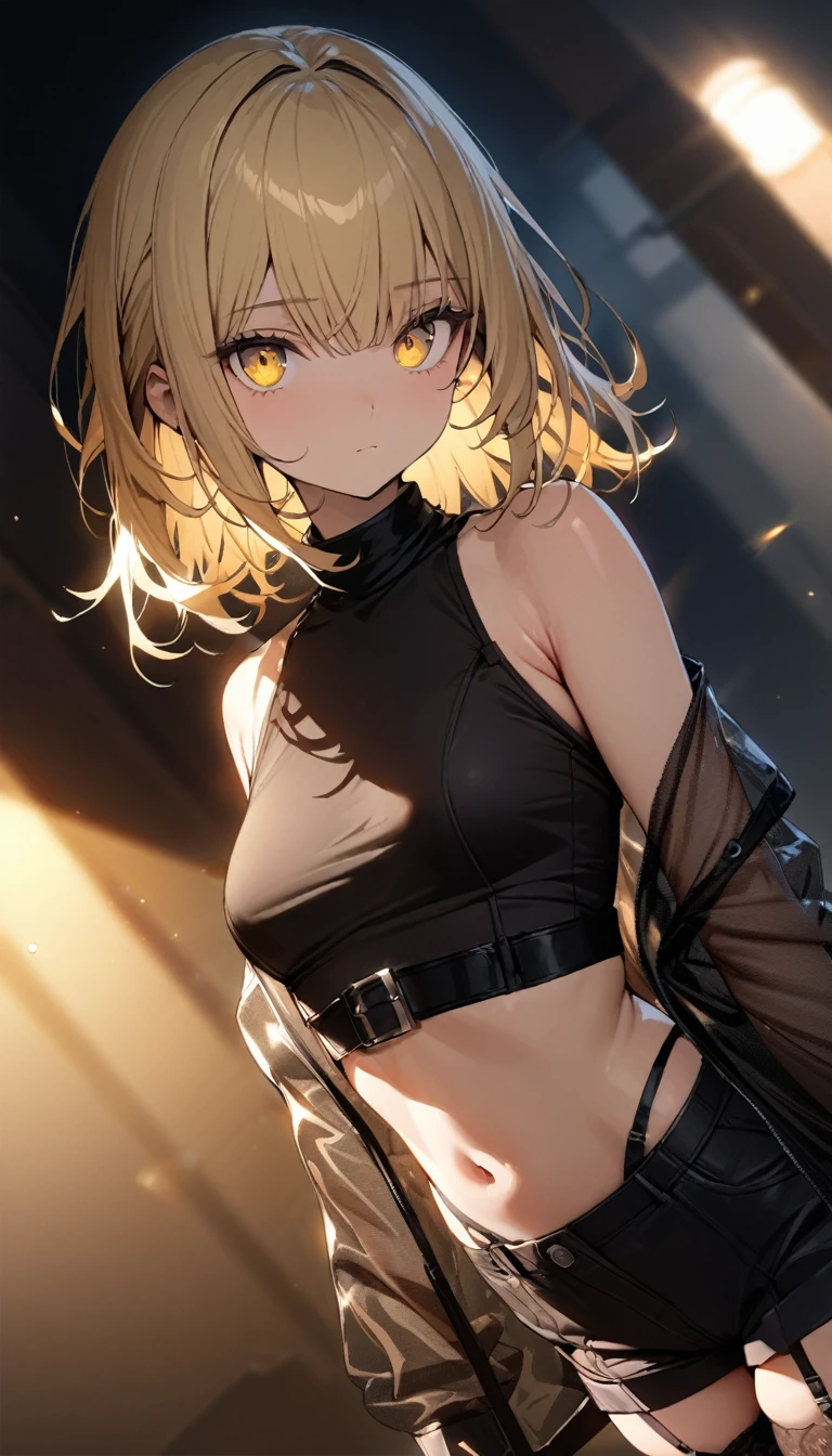 a handsome girl, solo, blond hair, yellow eyes, bright eyes, bangs, open jacket, black blouse, navel, BREAK (white off-shoulder jacket, black skirt:1.5), black garter belt, expressionless, blurry background, perfect lighting, masterpiece, best quality, extremely detailed face, extremely detailed,