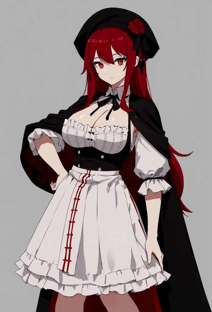 My name is Hikaru, I am a white test woman with long red hair and black eyes. I am 1.60cm tall and weigh 46kg. My  sizes are 300 cm, my waist is 60 cm and my  are 200 cm. Dressed in an embroidered linen shirt, a jerkin with a brocade front that adjusts with cord, a linen petticoat decorated with black wool embroidery, a black cloth skirt with red trim at the bottom, a rectangular-shaped linen cap and a black cloth cape. edged with white piping. With  300 cm