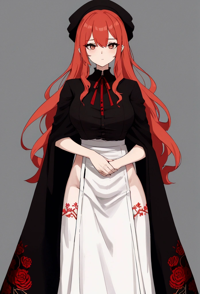 My name is Hikaru, I am a white test woman with long red hair and black eyes. I am 1.60cm tall and weigh 46kg. My breast sizes are 300 cm, my waist is 60 cm and my hips are 200 cm. Dressed in an embroidered linen shirt, a jerkin with a brocade front that adjusts with cord, a linen petticoat decorated with black wool embroidery, a black cloth skirt with red trim at the bottom, a rectangular-shaped linen cap and a black cloth cape. edged with white piping. With big breasts 300 cm