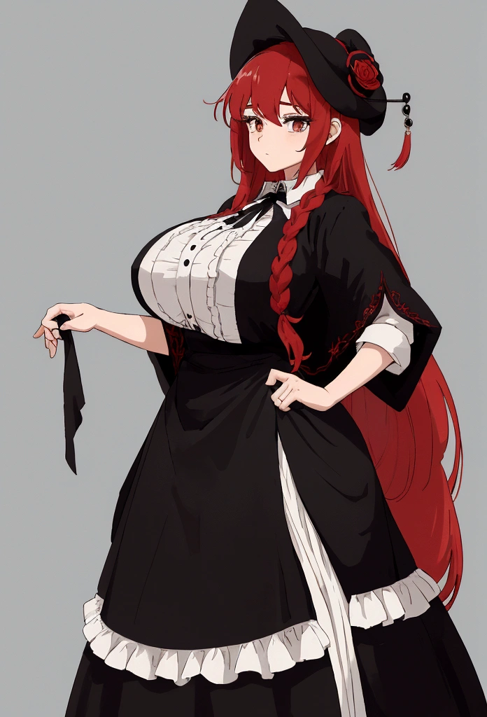 My name is Hikaru, I am a white test woman with long red hair and black eyes. I am 1.60cm tall and weigh 46kg. My breast sizes are 300 cm, my waist is 60 cm and my hips are 200 cm. Dressed in an embroidered linen shirt, a jerkin with a brocade front that adjusts with cord, a linen petticoat decorated with black wool embroidery, a black cloth skirt with red trim at the bottom, a rectangular-shaped linen cap and a black cloth cape. edged with white piping. With big breasts 300 cm