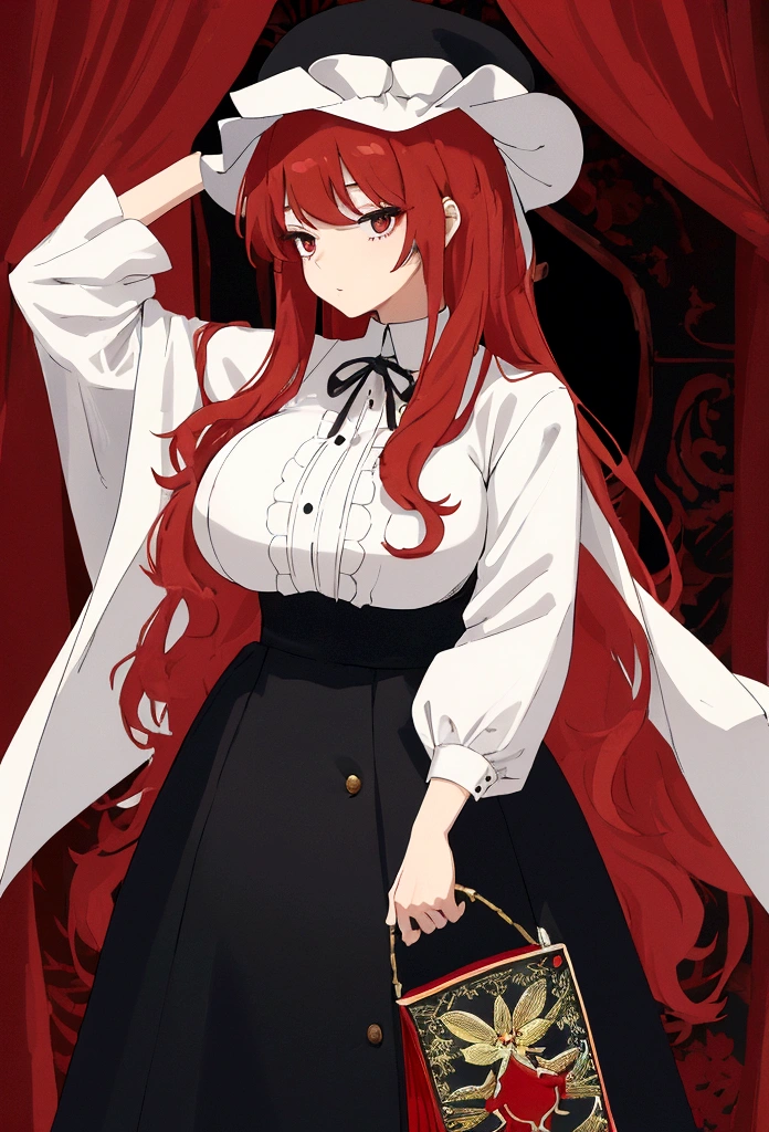 My name is Hikaru, I am a white test woman with long red hair and black eyes. I am 1.60cm tall and weigh 46kg. My breast sizes are 300 cm, my waist is 60 cm and my hips are 200 cm. Dressed in an embroidered linen shirt, a jerkin with a brocade front that adjusts with cord, a linen petticoat decorated with black wool embroidery, a black cloth skirt with red trim at the bottom, a rectangular-shaped linen cap and a black cloth cape. edged with white piping. With big breasts 300 cm