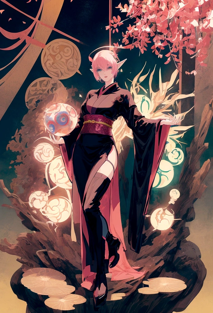 Anime woman character, whole body, Permanently installed, ((design sketches)), (masterpiece), (Original design), Image of a beautiful elf woman with short pink hair, Wearing antique black japanese kimono &, Toy, Wearing black gloves on each hand, Black stockings and black boots, Dynamic station stereoscopic, warrior, long clothes, blue eyes with pink, Korean