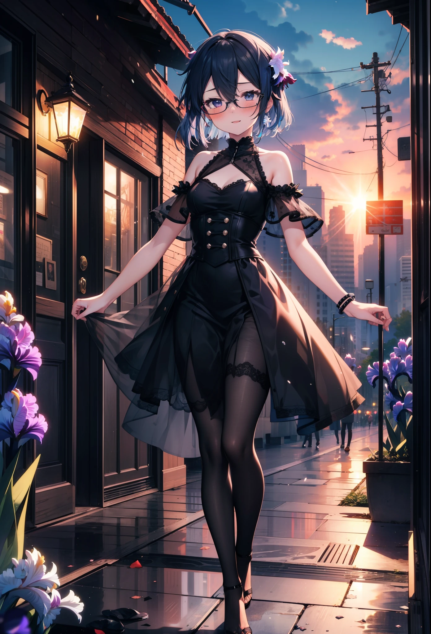 chino asada, Shino Asada, (Iris:1.5), Black Hair, Hair between the eyes, hair ribbon, short hair, Side Lock, Glasses, (Small breasts:1.2),happy smile, smile, Open your mouth,blush,Cold shoulder tops,Short sleeve,Long skirt,Black pantyhose,Stiletto heels,Walking,whole bodyがイラストに入るように,Daytime,Clear skies,
break looking at viewer,whole body,
break outdoors, Building district,
break (masterpiece:1.2), Highest quality, High resolution, unity 8k wallpaper, (figure:0.8), (Beautiful attention to detail:1.6), Highly detailed face, Perfect lighting, Highly detailed CG, (Perfect hands, Perfect Anatomy),