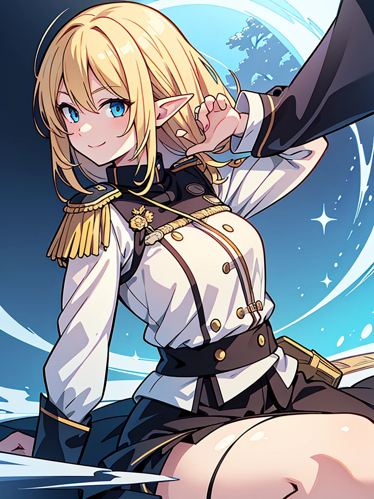 detailed illustration (side view),dynamic angle,ultra-detailed, illustration, pose for the camera, smiling at viewer, clean line art, shading, anime, 2020’s anime style, detailed eyes, detailed face, beautiful face,
Blonde hair, blue eyes, elf, elf woman, pale skin, WW2 German officer uniform, stern look