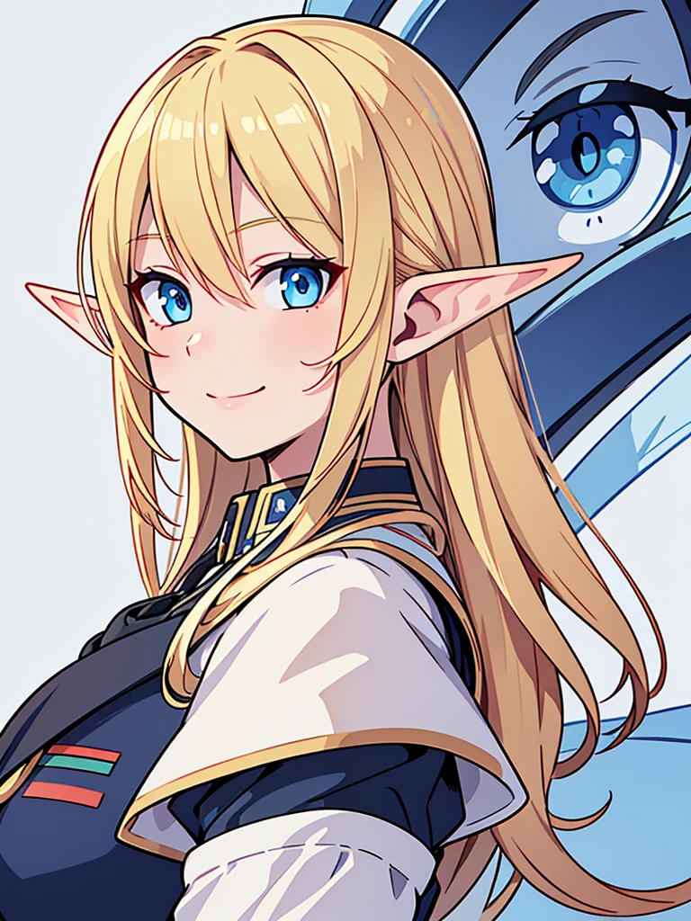 detailed illustration (side view),dynamic angle,ultra-detailed, illustration, pose for the camera, smiling at viewer, clean line art, shading, anime, 2020’s anime style, detailed eyes, detailed face, beautiful face,
Blonde hair, blue eyes, elf, elf woman, pale skin, WW2 German officer uniform, stern look