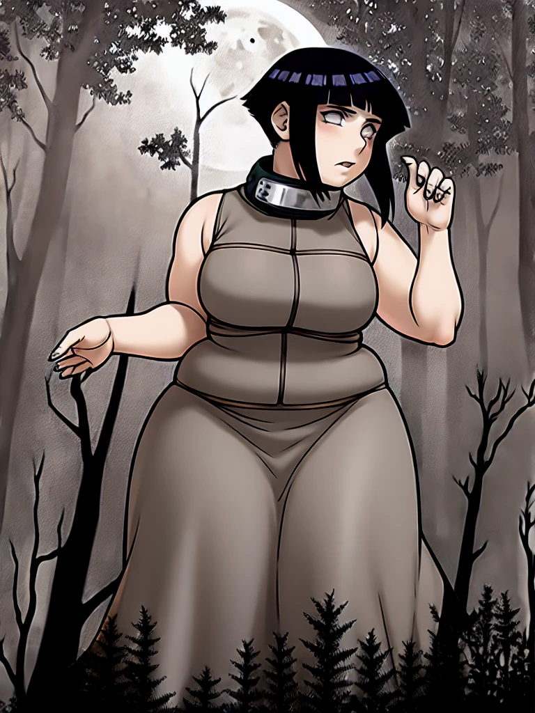 masterpiece, volumetric lighting, (art by Fellatrix:0.6), (art by BeltBuster:0.5), (Dean Cornwell art style:1.2), 
solo, 1girl, 
fat hinata hyuga, clothed midsection, dress,  sleeveless, night, moon, forest, cowboy shot, wide hips, looking to the side