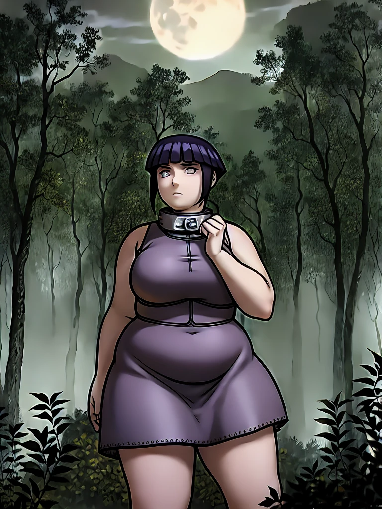 masterpiece, volumetric lighting, (art by Fellatrix:0.6), (art by BeltBuster:0.5), (Dean Cornwell art style:1.2), 
solo, 1girl, 
fat hinata hyuga, clothed midsection, dress,  sleeveless, night, moon, forest, cowboy shot, wide hips, looking to the side