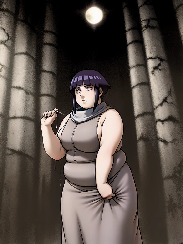 masterpiece, volumetric lighting, (art by Fellatrix:0.6), (art by BeltBuster:0.5), (Dean Cornwell art style:1.2), 
solo, 1girl, 
fat hinata hyuga, clothed midsection, dress,  sleeveless, night, moon, forest, cowboy shot, wide hips, looking to the side