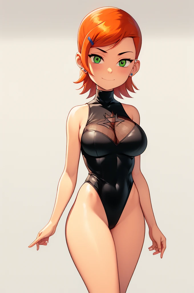 thick_thighs, wide_hips, gwen_tennyson, large_chest, black_leotard, leotard, highcut_leotard, 1girl, thicc, big breasts, turtleneck leotard, turtleneck, wicked look in eyes, evil smile, sexy eyes