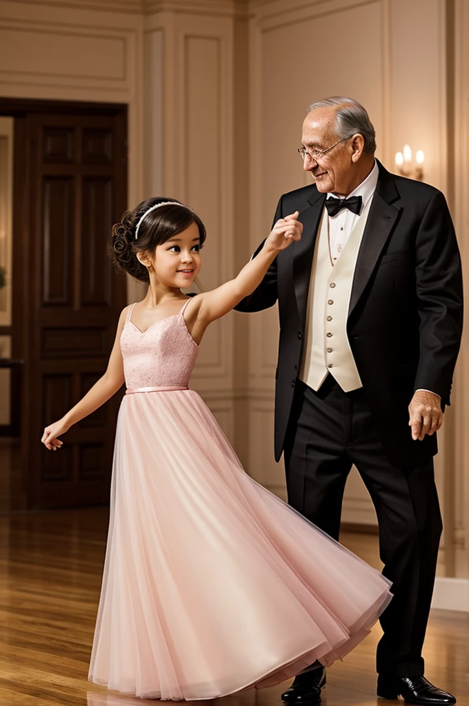 Pixar girl dancing a waltz in a long light pink dress with white brown skin and her grandfather in a black suit