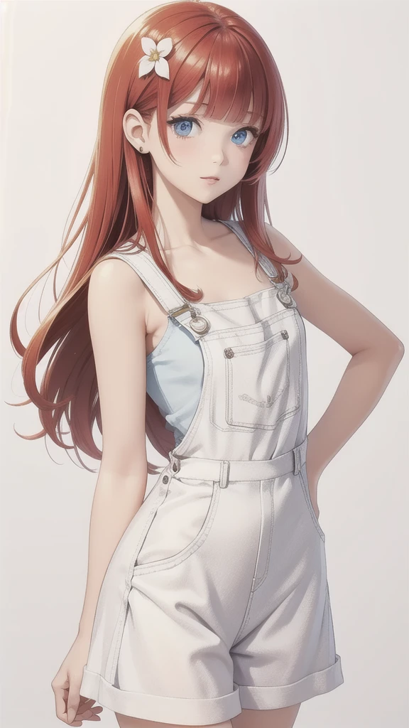 girl wearing a White sundress, tight, simple anime style
Woman. Flower drawing on sequin overalls. Glossy white lips with sequins. Blunt bangs, red hair, long hair, blue eyes, solo,