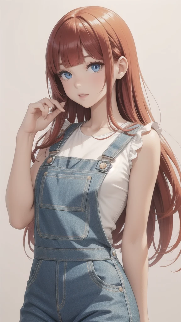 girl wearing a White sundress, tight, simple anime style
Woman. Flower drawing on sequin overalls. Glossy white lips with sequins. Blunt bangs, red hair, long hair, blue eyes, solo,