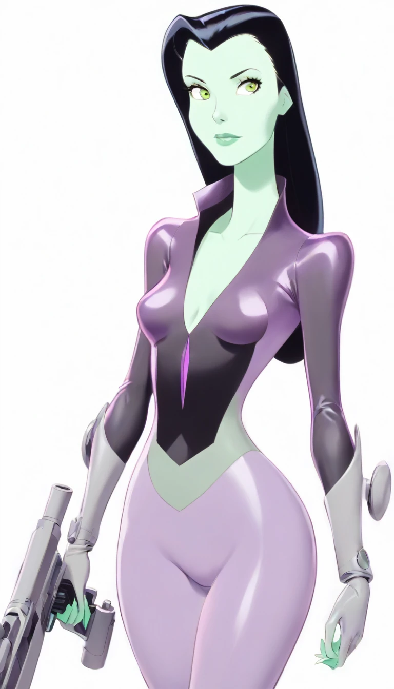 cartoon thin woman, long neck, long black hair, pale green skin, wearing a v-neck purple sci-fi body suit .. she is armed with an wrist gauntlet cannon and a lazer pistor.on her suit by her waist are some small gray circles