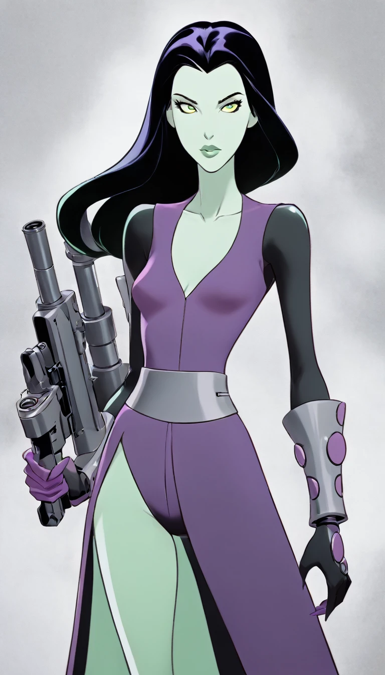 cartoon thin woman, long neck, long black hair, pale green skin, wearing a v-neck purple sci-fi body suit .. she is armed with an wrist gauntlet cannon and a lazer pistor.on her suit by her waist are some small gray circles