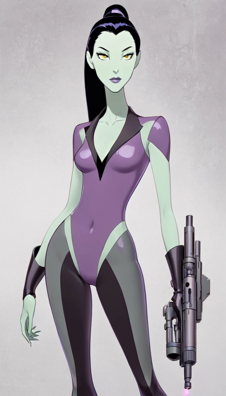 cartoon thin woman, long neck, long black hair, pale green skin, wearing a v-neck purple sci-fi body suit .. she is armed with an wrist gauntlet cannon and a lazer pistor.on her suit by her waist are some small gray circles