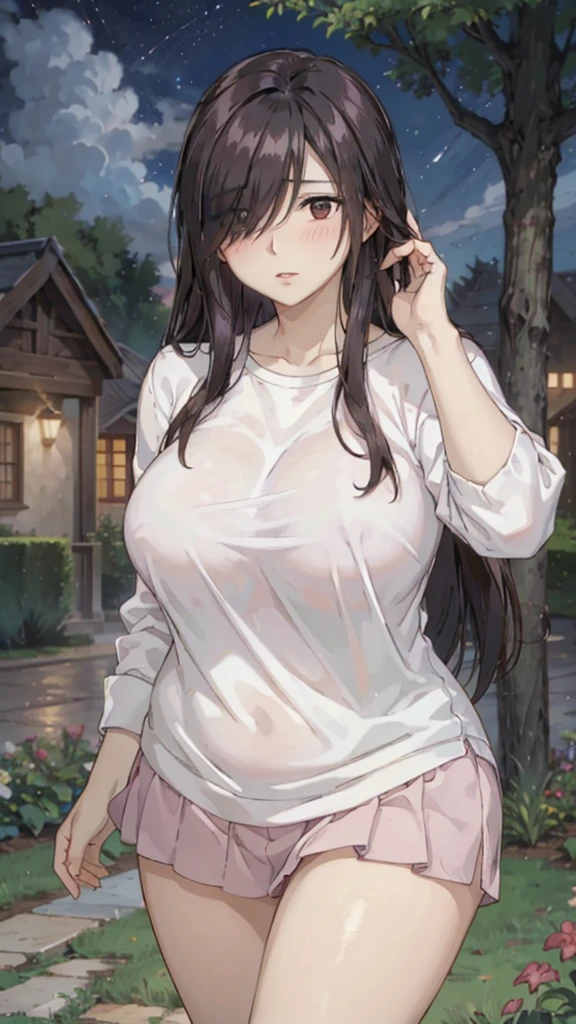 Cute mommy, mature women, realistic skin,perfect ,black hair, long hair, (hair over one eye:1.4), messy hair, hair between eyes, oversize shirt,pink mini skirt, chubby,plump,fat,pucker lips,cute shy blush on,garden, under tree,night 