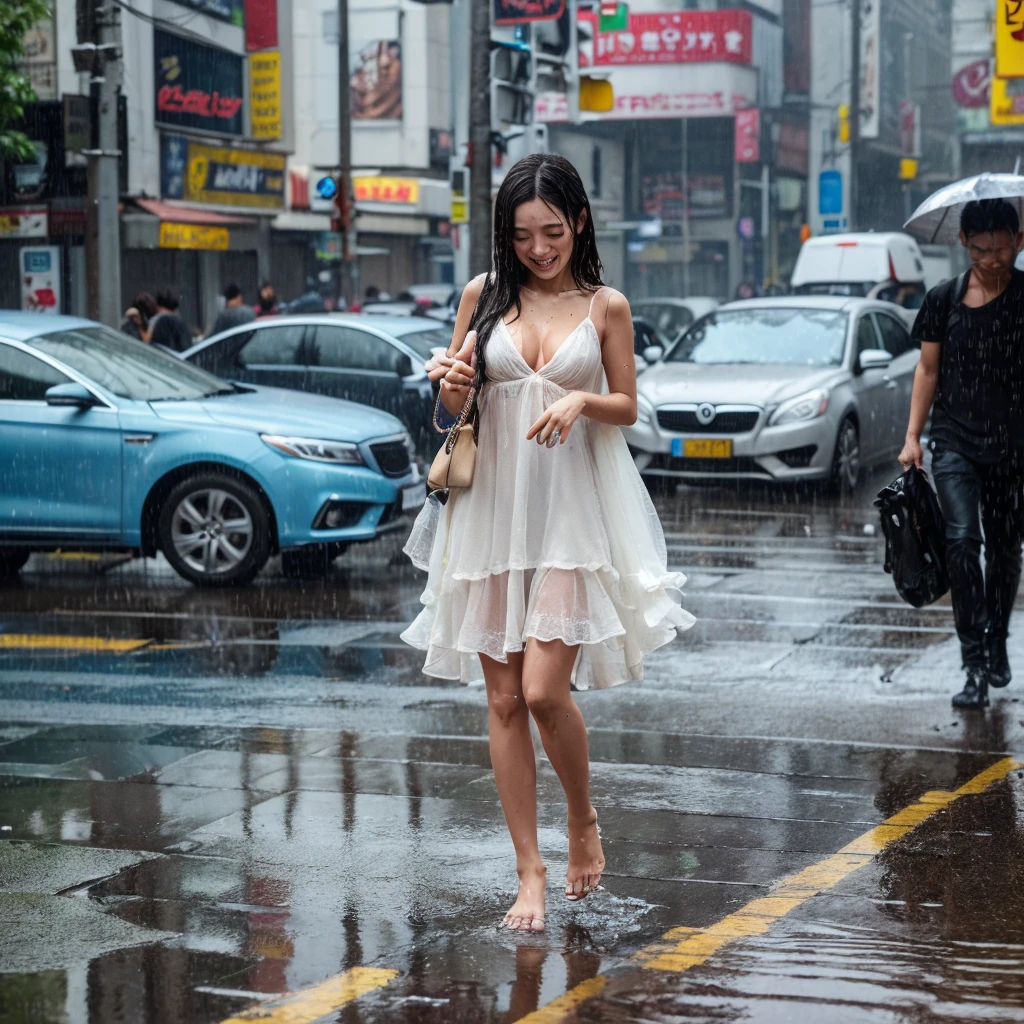 songkran,Walking along the sidewalks of a big city lined with buildings ,drenched, Dripping, Wet Face,Wet clothes, Wet Skin, Wet Hair,A young woman with a cute face like an idol,((Cleavage)),(((A dress that melts and disappears when it gets wet))),(((The dress has melted and torn in the rain, leaving it in tatters.))),((Full body portrait)),RAW Photos,Genuine,Genuine,High resolution,RAW Photos,masterpiece, beautiful
