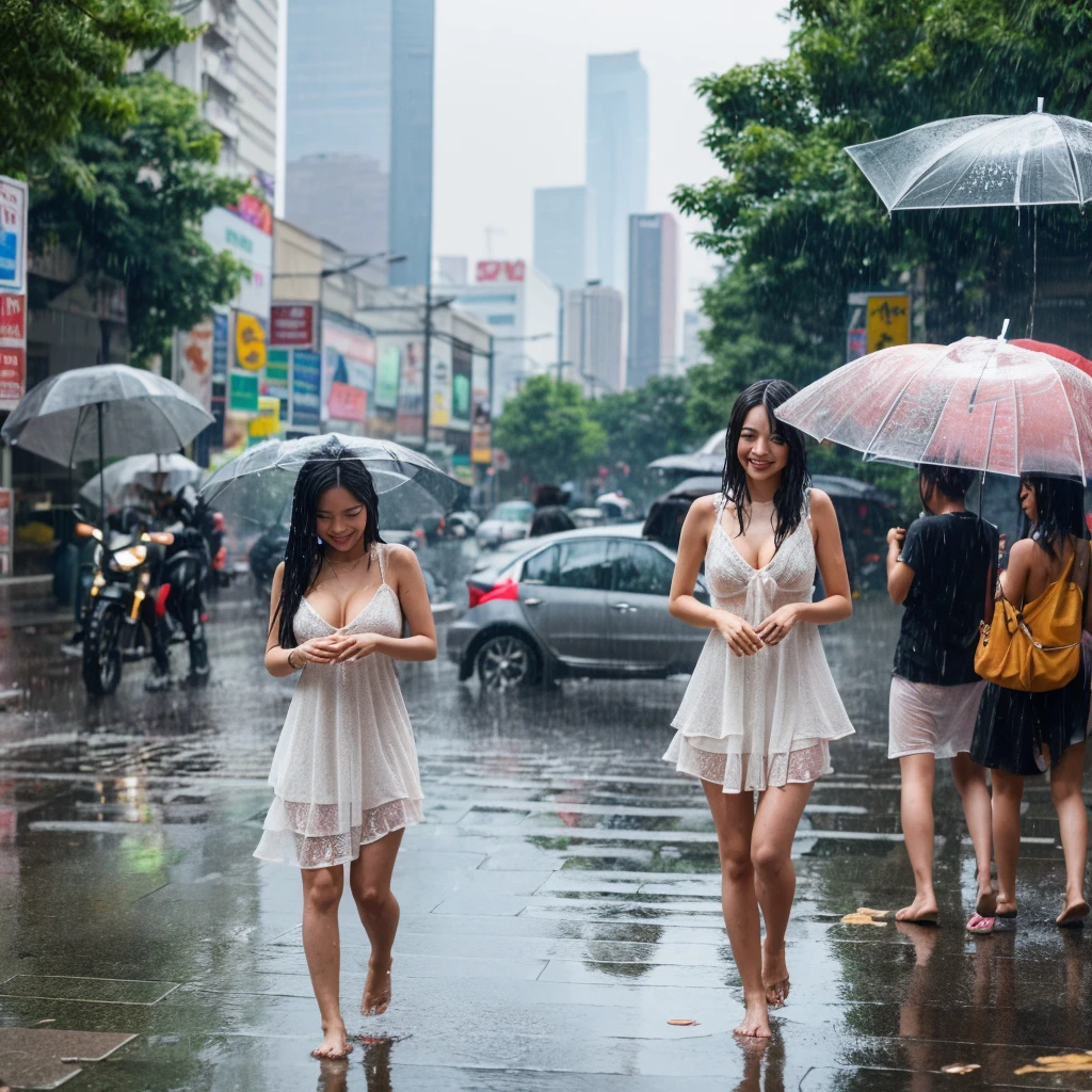 songkran,Walking along the sidewalks of a big city lined with buildings ,drenched, Dripping, Wet Face,Wet clothes, Wet Skin, Wet Hair,A young woman with a cute face like an idol,((Cleavage)),(((A dress that melts and disappears when it gets wet))),(((The dress has melted and torn in the rain, leaving it in tatters.))),((Full body portrait)),RAW Photos,Genuine,Genuine,High resolution,RAW Photos,masterpiece, beautiful